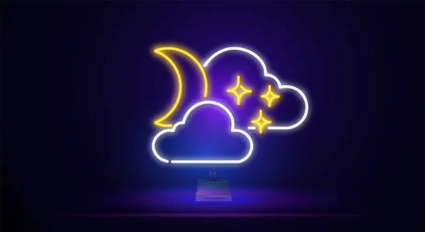Bulutlarda bir ay yıldızlı neon ışığı. Gece lambalı bir tabela. Parlak ay, yıldızlar ve bulutlar neon şeklinde. Vektör illüstrasyonu. — Stok Vektör
