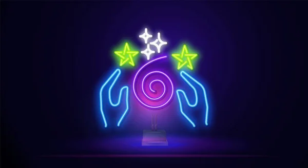 O linie stralucitoare de neon a unei maini care tine o icoana magica cu straluciri si stele izolate pe un fundal intunecat. Ilustrație vectorială — Vector de stoc