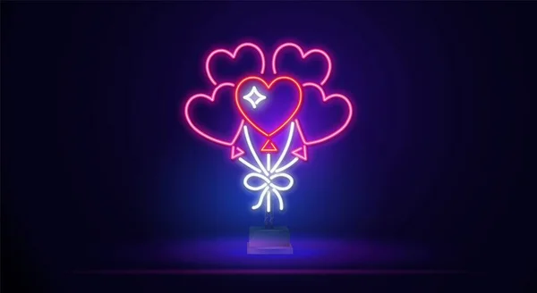 Sinal de Dia de Valentim de néon brilhante com balões em forma de coração em cordas em um fundo escuro. Ilustração vetorial de um cartão de saudação do Dia dos Namorados em estilo neon. — Vetor de Stock