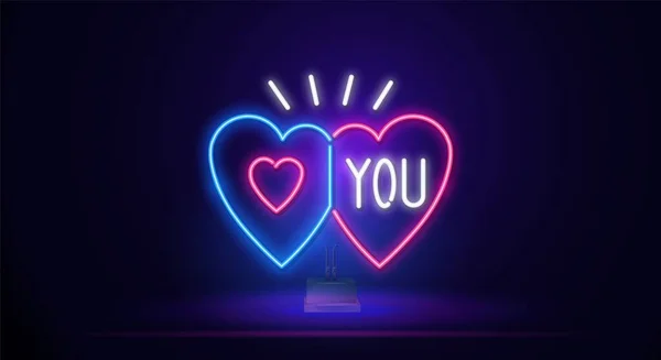 Dois corações novos com uma inscrição. Valentines permite que você rapidamente e facilmente personalizar seus projetos românticos. Ilustrações vetoriais de néon utilizadas — Vetor de Stock