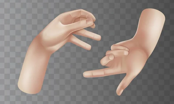 Vector Hands set of realistic 3D design σε στυλ κινουμένων σχεδίων. Το χέρι δείχνει διαφορετικά σημάδια χειρονομιών. Συλλογή απομονωμένη σε λευκό φόντο. Εικονογράφηση διανύσματος — Διανυσματικό Αρχείο