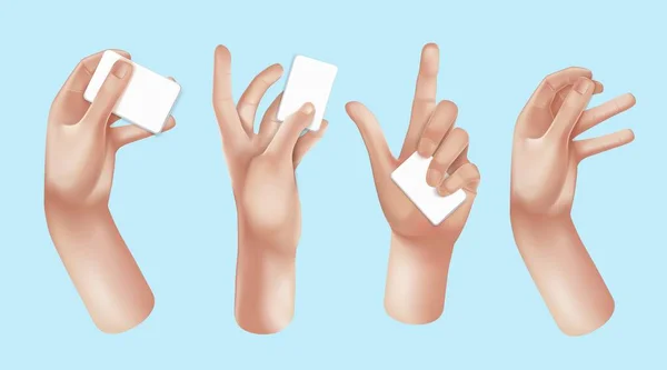 Vector Manos con papel blanco conjunto de diseño 3D realista en estilo de dibujos animados. La mano muestra diferentes gestos signos. Colección aislada sobre fondo azul. Ilustración vectorial — Vector de stock