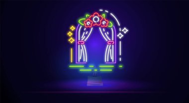 Düğün için neon kemer. Vektör. İnce çizgili geometrik rozet. Tarih davet kartı tasarımını kaydetmek için özet simgesi. Düğün kemeri ve yaprağı olan modern neon minimalist tasarım, çiçek dekoru