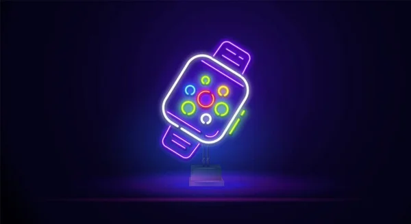 Smart watch health diagnostic neon light sign vector. Glowing bright icon smart watch health diagnostic sign. transparent symbol illustration — Stock Vector