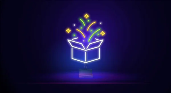 Neon gift box sign. Glowing present box icon in neon style. Promotion or sale concept. Neon signboard, nightly bright advertising, light inscription. Vector illustration — Stock Vector