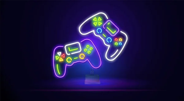 Gaming neon skylt vektor. Spela Design mall neonskylt, ljus banner, neon skylt, nattliga ljusa reklam, ljus inskription. Vektorillustration — Stock vektor