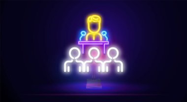 Konferans Neon Işık Işıldayan Vektör İllüstrasyonu. Telekonferans, Çevrimiçi Toplantı, Canlı Yayın, Video Konferansı, Us.Vector illüstrasyonuna Katıl