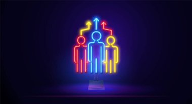 Üç kişi birlikte neon rengi. Grup, millet, neon tarzı liderlik ikonu. Konferans Neon Işık Işıldayan Vektör İllüstrasyonu.