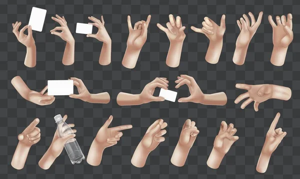 Manos conjunto de diseño 3D realista en estilo de dibujos animados. La mano muestra diferentes gestos signos. Manos realistas. Diferentes manos humanas mostrando señales, señalando con el dedo, comunicación interactiva — Archivo Imágenes Vectoriales