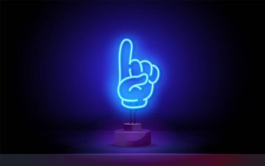 Neon Hand jest simgeleri. Bir parmağını kaldır, yukarı doğru olduğunu gösterir. Parlak neon ışıklı yön logosu veya amblemi.