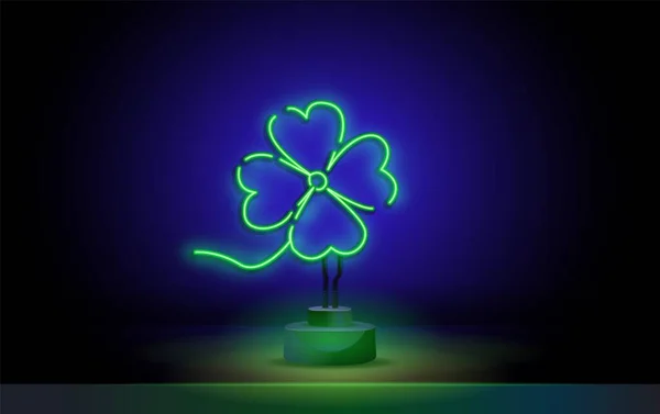 Neon Clover. Patricks Day. Ett löv av klöver. Grön ikon av Irish Shamrock för St Patricks Day. Neon design element för banner, webbplats, brev, pub. — Stock vektor