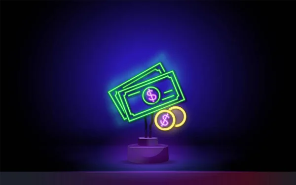 Neon Money icono del premio de la lotería. Dólares de juego de neón sobre fondo oscuro. Lotto jugando concepto. Se puede utilizar para letreros de neón, carteles, vallas publicitarias, pancartas. — Vector de stock