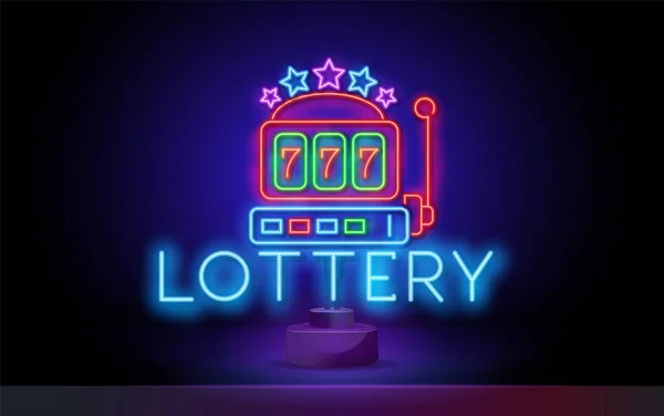 Tamburo della lotteria, slot machine con un braccio solo. Gioco d'azzardo, fortuna e design del casinò. Notte luminosa insegna al neon, cartellone colorato, banner leggero. Illustrazione vettoriale in stile neon. — Vettoriale Stock