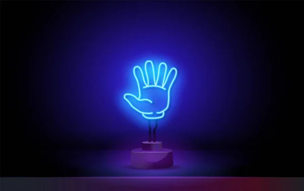 ネオンハンドジェスチャーのアイコン。開いている手または5本の指が数字5を示しています。明るいネオンライトと方向ロゴやエンブレム. — ストックベクタ