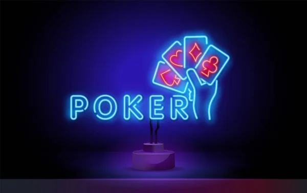 Insegna al neon del poker. Mano Holding carte da gioco. Casino Poker Texas Holdem logo notturno, luminoso cartello al neon, elemento di design per il casinò, gioco d'azzardo al neon — Vettoriale Stock