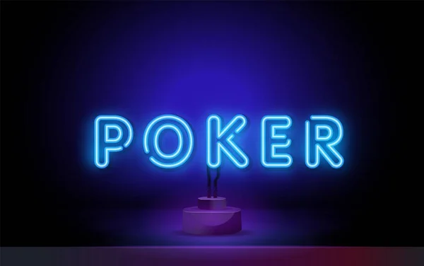 Poker neonový text. Hazardní hry a poker klub design. Noční jasná neonová cedule, barevný billboard, světlý prapor. Vektorová ilustrace v neonovém stylu. — Stockový vektor