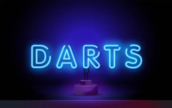 Darts Game symbolen neon logo, licht banner design element kleurrijke moderne design trend, helder teken. Darts Toernooi Neon Tekenen Stijl Tekst Vector — Stockvector