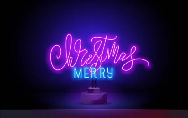 Vrolijk kerstneon ontwerp. Merry Xmas gloeiende neon letters sjabloon. Vrolijk Kerstmis kleurrijke blauw roze neon teken maakt het snel en gemakkelijk om uw vakantie projecten aan te passen. — Stockvector