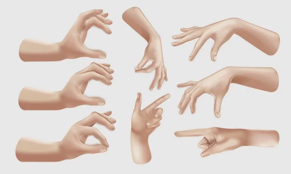 Un conjunto de gestos de mano realistas. Conceptos de amor, los puntos de la mano, sostiene. Puede insertar cualquier elemento. Gestos de dedos. Signo 3D. Un elemento para el diseño. — Archivo Imágenes Vectoriales