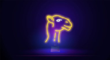 Üzerinde deve kafası resmi olan neon tabela. Parlak afiş ışığı. Parlak bir gece işareti. Yaz logosu, karanlık arka planda Ramazan kutlamaları kulübü konsepti. Düzenlenebilir vektör.