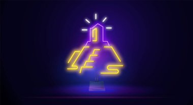 Ramazan Kabe 'sinin ana hatlarının Neon simgesi. Ramazan günü illüstrasyonunun simgesi. İşaretler ve semboller web siteleri, logolar, mobil uygulamalar, kullanıcı arayüzü için kullanılabilir. Vektör