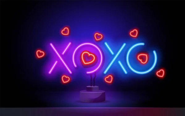 XOXO Néon signe vecteur. câlins et bisous néon, modèle de conception, design de tendance moderne, enseigne de nuit, publicité lumineuse de nuit, bannière lumineuse, art léger. Illustration vectorielle — Image vectorielle