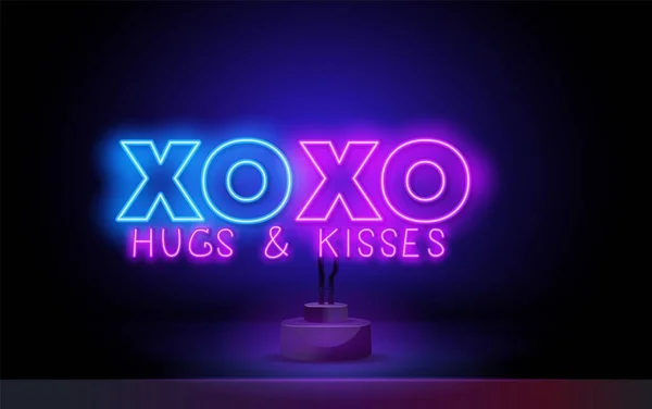 XOXO Neon teken Vector. knuffels en kussen neon, design template, moderne trend design, nacht signboard, nacht heldere reclame, licht banner, licht kunst. Vectorillustratie — Stockvector