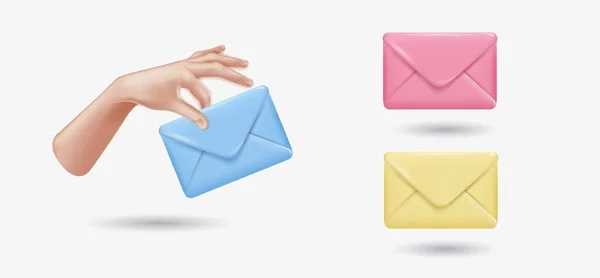 Das Konzept einer E-Mail-Nachricht. Neue, eingehende Nachrichten, SMS. Eine Hand hält einen Umschlag, einen Brief. Eine Reihe verschiedener Umschläge. Benachrichtigung per E-Mail — Stockvektor
