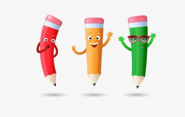 Beyaz arka planda izole edilmiş yüz ifadeleri, duyguları ve el hareketleri olan vektör kalem karakteri veya maskot renkli set. Vektör illüstrasyonu.