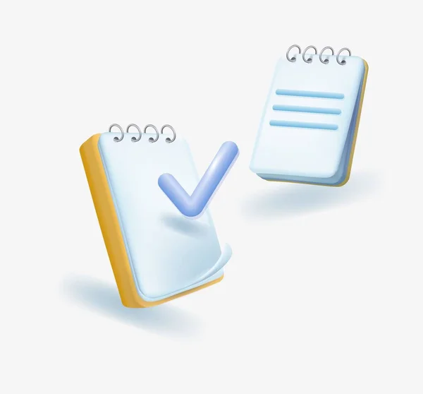 Dos iconos de destino del bloc de notas. Portapapeles, lista de verificación, símbolo del documento. Negocios, el concepto de educación. 3d vector ilustración. — Vector de stock