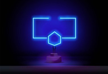 Neon geometrik çerçeve. Soyut renkli neon pankart, neon çizgileri olan neon çerçeve koyu arkaplan çizimi üzerinde havada uçuşan minimalizm tasarımı