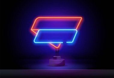 Neon geometrik çerçeve. Soyut renkli neon pankart, neon çizgileri olan neon çerçeve koyu arkaplan çizimi üzerinde havada uçuşan minimalizm tasarımı