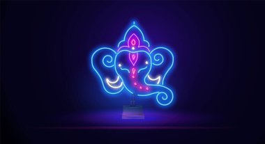 Hint fil oyunları tanrısının dininin sembolünün Neon Vector lineer çizimi. Neon Ganesha bir stantta ve karanlık bir arka planda