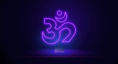 Om kutsal bir mantra ve karanlık bir arkaplanda Hinduizm sembolüdür. Neon biçiminde vektör mor illüstrasyon