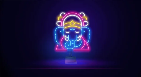 Neon Vector ilustração linear do símbolo da religião do deus indiano de jogos de elefante. Neon ganesha em um suporte e fundo escuro — Vetor de Stock