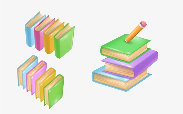 Um conjunto de ícones de livros brilhantes, um livro didático estão em uma fileira e empilhados. Ícone vetorial 3d com lápis. Desenhos animados estilo minimalista. Ilustração De Bancos De Imagens