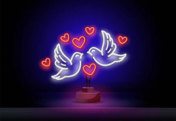 Um par de pombos com sinal de néon de coração rosa. Conceito de amor. Ilustração vetorial em estilo neon para temas como casamento, namoro, romance, Dia dos Namorados — Vetor de Stock
