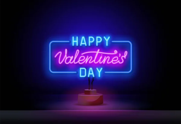 Neon Valentijnsdag. Ouderwetse stijl. Derde neon teken. Realistisch neon teken. Liefdesdagspandoek, logo, embleem en etiket. Helder uithangbord, lichtbanner. — Stockvector