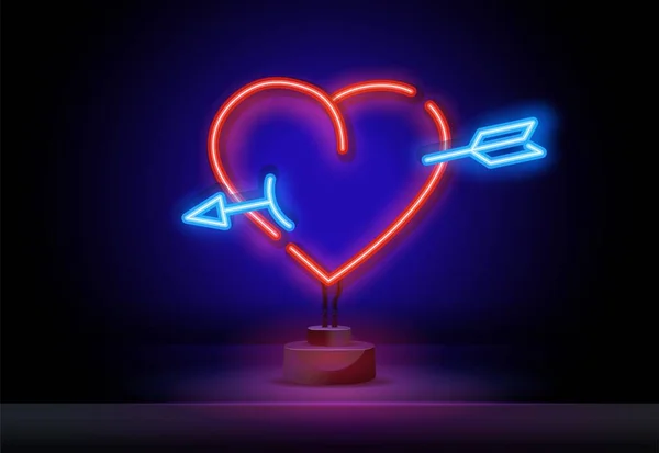 Sinal de seta de coração de néon iluminado quadro luz banner elétrico brilhando no fundo preto.Dia dos Namorados, sex shop, bar concept.Neons sinal cartaz forma de seta do coração — Vetor de Stock