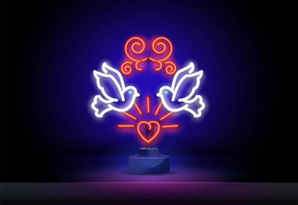 Um par de pombos com sinal de néon de coração rosa. Conceito de amor. Ilustração vetorial em estilo neon para temas como casamento, namoro, romance, Dia dos Namorados —  Vetores de Stock