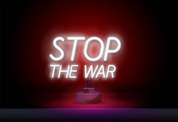 Glowing neon line STOP WAR 아이콘은 푸른 배경에 분리되어 있다. 평화의 상징. 벡터입니다. 폭력성 문자에 대해 왜곡 된 TV 스크린 효과를 보여 주는 시위. Pacifism modern banner design with quote — 스톡 벡터