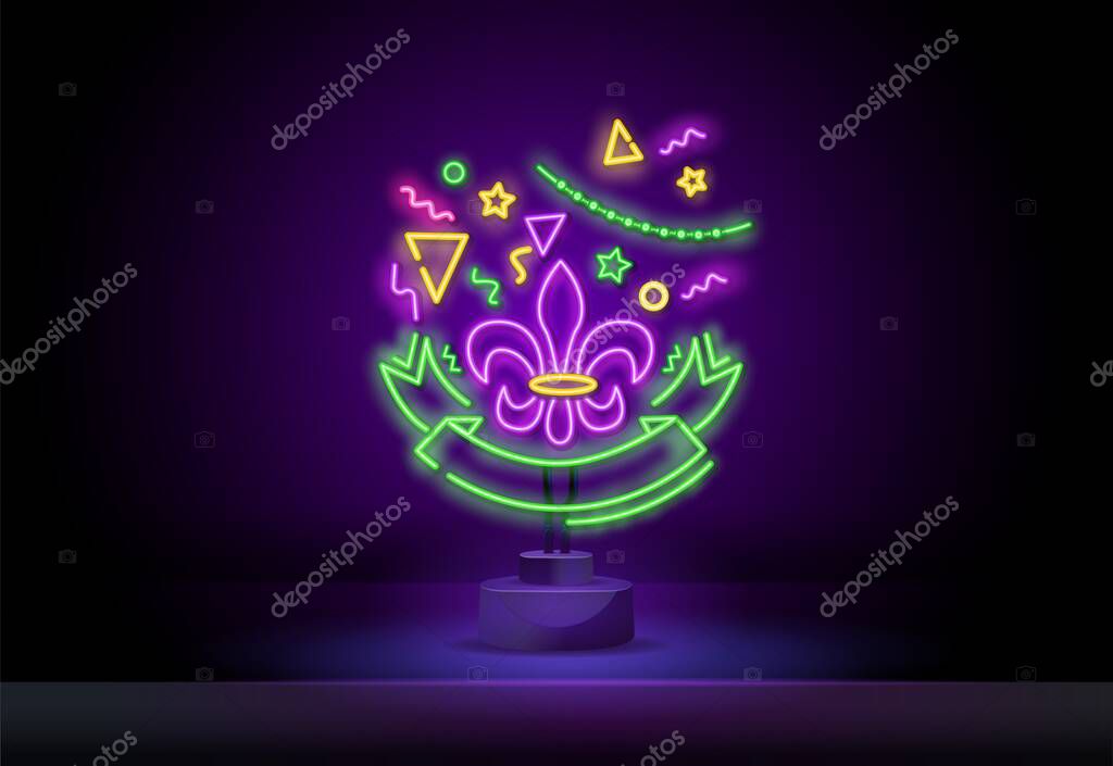 Mardi Gras neon sign, bright signboard, light banner.