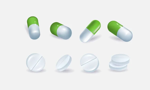 Egy sor ikonok .Vector 3d Realisztikus ikon fehér és zöld orvosi tabletták, szerelt közelkép, elszigetelt fehér háttérrel. Tervezési sablon tablettákhoz, grafikus kapszulákhoz, elrendezéshez. — Stock Vector