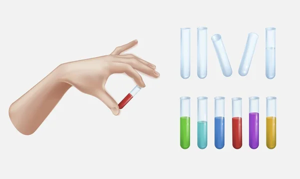 Segurando uma cápsula de gelatina vermelha de duas partes com dois dedos, ilustração vetorial em estilo 3d Desenho de um tubo de ensaio com um frasco de medicamento, um conjunto de tubos de ensaio vazios — Vetor de Stock