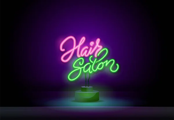 Vlasy Kosmetický salon neon znamení, světlé cedule, světlý prapor. Logo krásy, emblém. Vektorová ilustrace — Stockový vektor
