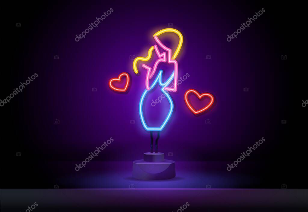 Makeup bar neon sign. Glowing neon inscription with girl in glasses on dark background.