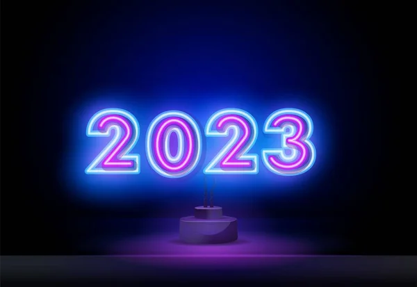 Happy new year 2023 in neon style. 2023 bright gradient. Long dark wall banner. Vector template for web header — Stock Vector