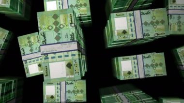 Lübnan para paketi döngüsü. LBP banknotları üzerinden uçuş üst görünümü destekler. Üç boyutlu, kusursuz bir animasyon. Ekonomi, kriz, iş ve finans konsepti.
