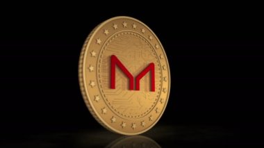 Arka planda MKR şifreleme 3D altın madeni para. Alış-veriş ve engelleme teknolojisinin animasyonunun altın metal kavramını döndür.