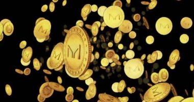 MKR kripto para birimi oluşturun. Altın sikkeler arasında döngülü bir uçuş. Döngüsel soyut arkaplan. İşlem ve engelleme teknolojisi 3B kusursuz döngü kavramı.